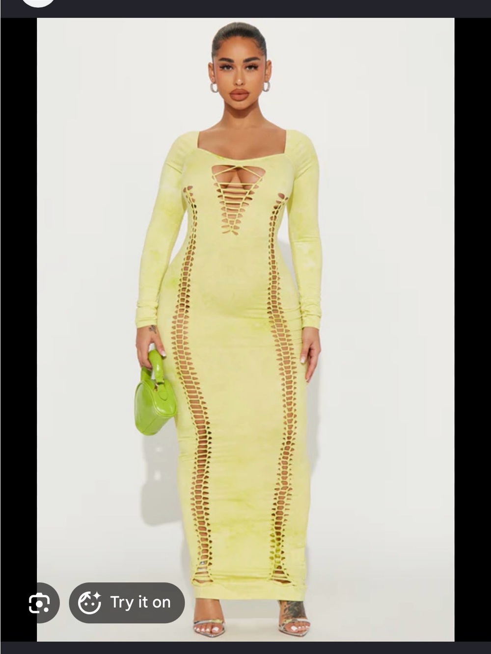 Fashion Nova Lime Lace-Up Cutout Long Sleeve Maxi Dress